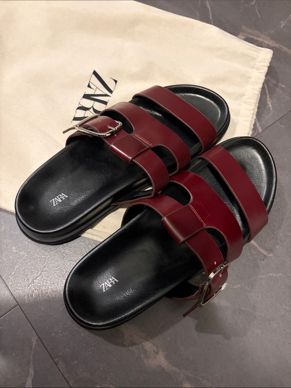Zara Burgundy Red Flat Sandals with Leather Straps
